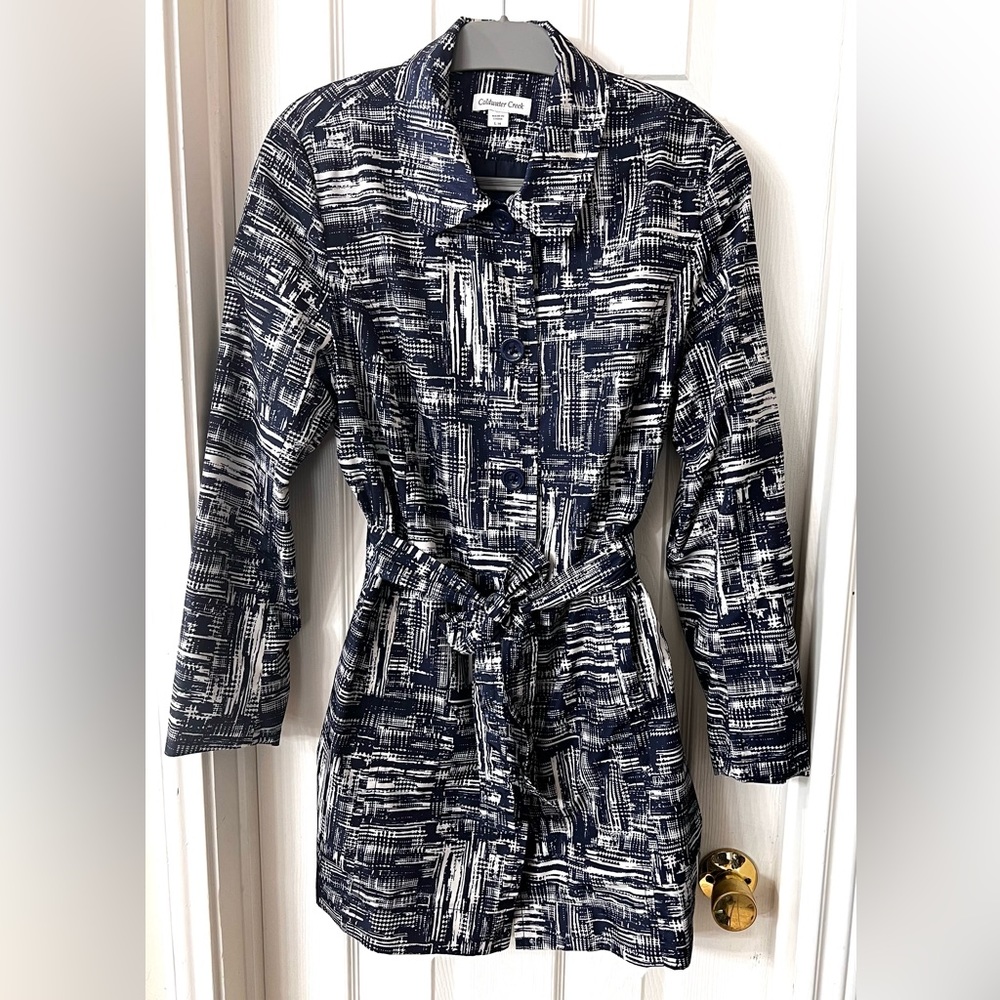 Coldwater Creek L Abstract Print Mid Length Navy Belted Rain Coat Trench Jacket